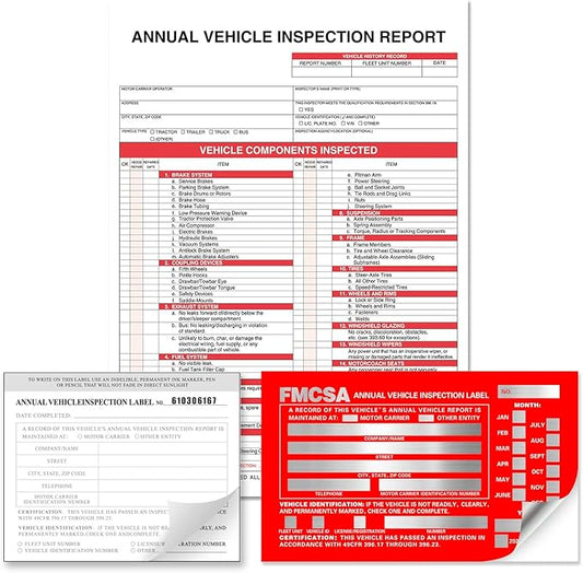 Annual Vehicle Inspection Report Form with Red Exterior Aluminum Inspection Label (6"x3.5"), and White Interior Inspection Label (5"x4") 25-pk