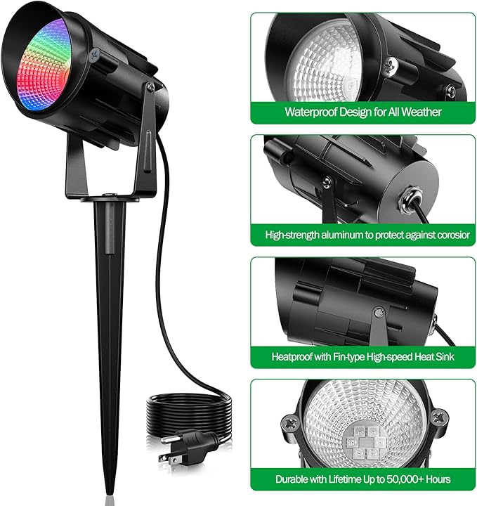RGB Spotlight Outdoor 12W Color Changing Landscape Lighting with Remote Control Outdoor Spotlight for Yard 120V Waterproof Led Landscape Lights 4 Pack