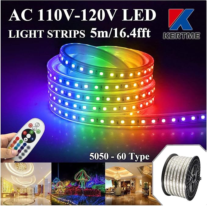 5050-60 Type AC 110-120V RGB LED Strip Lights, Flexible/Waterproof/Dimmable/Multi-Colors/Multi-Modes LED Rope Light + 24 Keys Remote for Home/Garden/Building Decoration (16.4ft/5m, RGB)