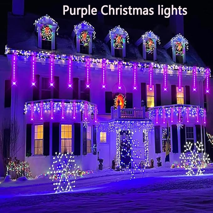 Aokudoni Halloween Decorations Outdoor, Upgraded 16inch/40cm Meteor Shower Rain Lights, Purple Icicle String Lights for Xmas Tree Decoration Holiday New Year Party, UL Plug