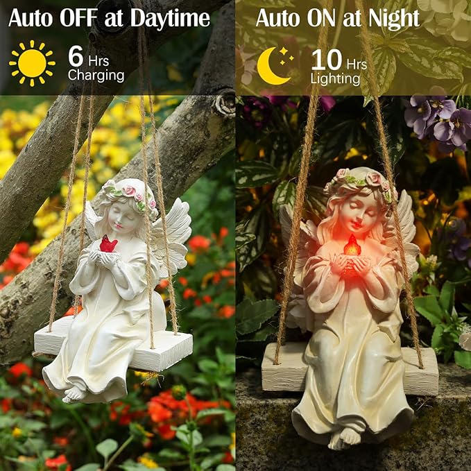Angel Garden Statue,Fairy Solar Garden Decor with Warm Light,Waterproof Angel Statue with Swing & Holding Bird,Outdoor Garden Decor for Lawn Yard Patio Windowsill Garden Gifts, Apricot