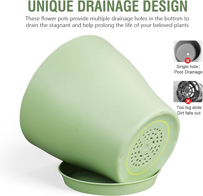 6 inch Plastic Nursery Pots, Seedling Pots, 16 Pack Plant Pots for Small Indoor Outdoor Plants, Flower Pots with Drainage Holes and Saucers, Decorative Planters for House Plants, Green