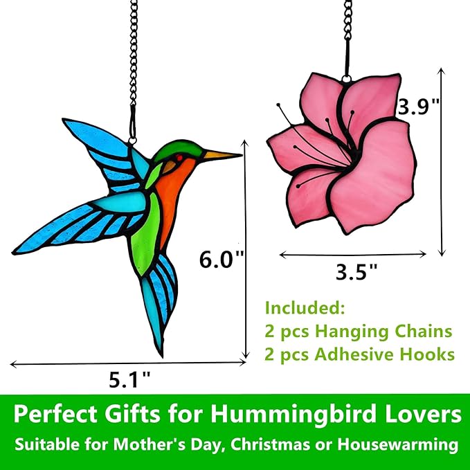 2 Pack Stained Glass Hummingbird with Flower Suncatcher for Window Hanging Ornament, Sun Catchers Indoor Window, Stained Glass Birds with Flower Gifts for Women, Mom, Birds Lovers