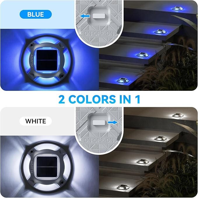 AGPTEK Solar Driveway Lights 4 Pack, 2 Colors in 1 Outdoor Solar Deck Dock Marine Waterproof LED Driveway Marker Security Lights for Outside Pathway,Boat Dock,Step,Walkway,Path,Garden (Blue & White)