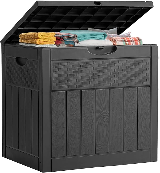33 Gallon Resin Deck Box, Weatherproof Outdoor Storage Box for Patio, Garden, Pool, and Yard, Lockable Waterproof Bin for Tools, Cushions, and Accessories, Black