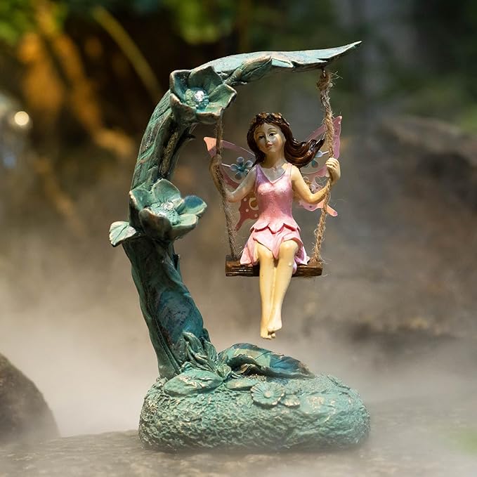 Garden Flower Fairy Outdoor Statue, Patio Lawn Yard Porch Decor, Funny Swing Ornaments, 9.05 Inches Tall