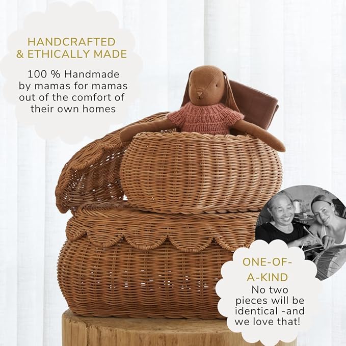 BEBE BASK The Original Scalloped Basket Set Of 2 - Small Scallop Basket - 15 x 10 x 6 In - Hand-Woven & Award-Winning - Elegant Wicker With Scalloped Edge Lid - Nursery Storage - (Mocca)