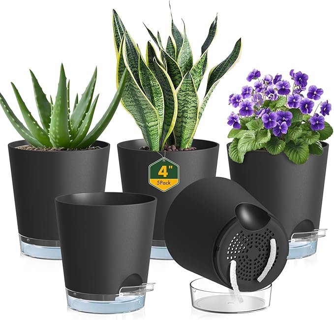 4 inch Self Watering Pots for Indoor Plants, 5 Pack Small Flower Plant Pots with Drainage Holes and Clear Reservoirs, Visible Water Level, Plastic Planters with Wicking Rope, Black