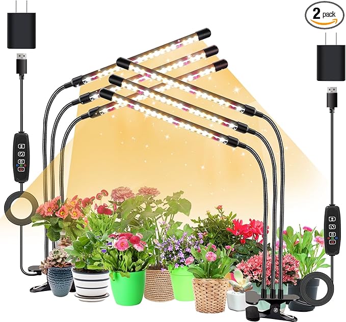 3head Plant Lights, 2Pack Grow Lights for Seed Starting, Full Spectrum Growing Lamps with Clip for Indoor Plants, Auto ON & Off Timer 3/9/12H, 3 Switch Modes, 10-Level Dimmable Brightness