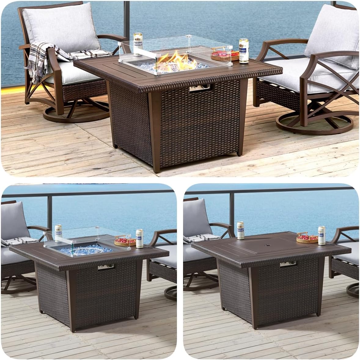 42 Inch Outdoor Propane Fire Pit, 50,000 BTU Gas Fire Pit Table with Lid, Wind Guard, Cover, and Glass Stones, Brown Squre Rattan Gas Firepit Table for Patio, Terrace, Garden, CSA Certification