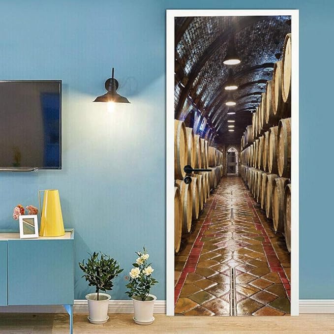 3D Door Stickers Murals - Peel & Stick Wine Cellar Theme - Removable PVC Waterproof Door Poster, 34.6" x 78.7" for Bedroom & Living Room