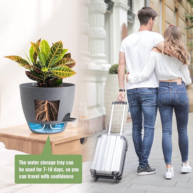 10/9/8 inch Self Watering Pots, Set of 3 Plastic Planters with Mesh Drainage Holes and Deep Reservoir for Indoor Outdoor Garden Plants and Flowers, Grey Speckles