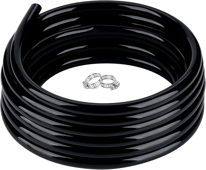 3/8" id - 50ft Black Vinyl Tubing Flexible PVC Tube Hybrid Hose Transfer Water Fuel Gas for Pond Fountain Garden Waterfall, Durable and Safe, with 2 Hose Clamps