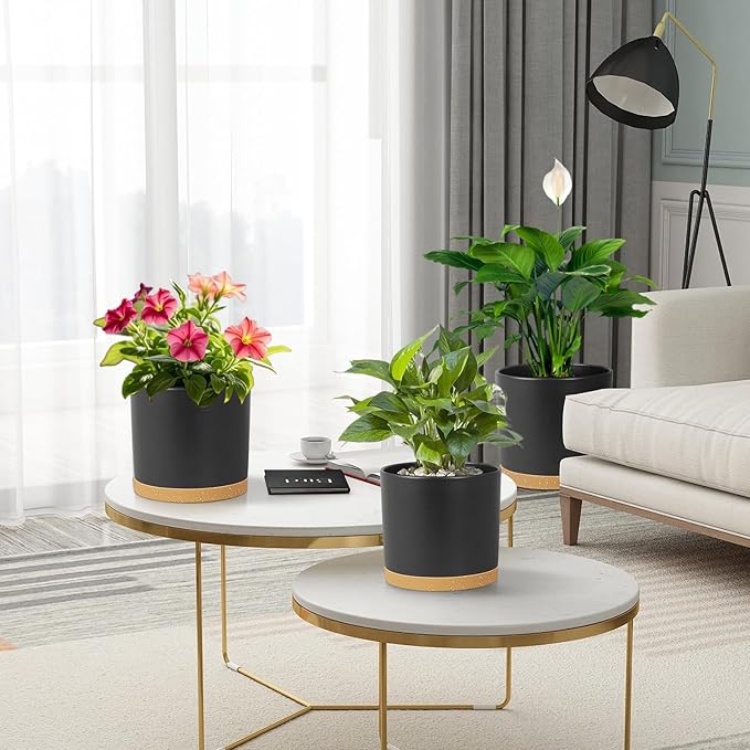 8/7/6 inch Flower Pots, 3 Pack Cylinder Plant Pots for Outdoor Indoor Plants, Decorative Plastic Planters with Drainage Holes and Saucers for Garden House Plants, Black with Brown