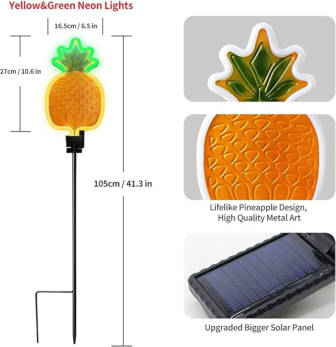 ANGMLN Solar Pineapple Neon Light - 2 Metal Garden Stake Lights 42 inch Path Lighting for Garden Yard Lawn Patio Walkway Decor Gifts for Mom Grandmother