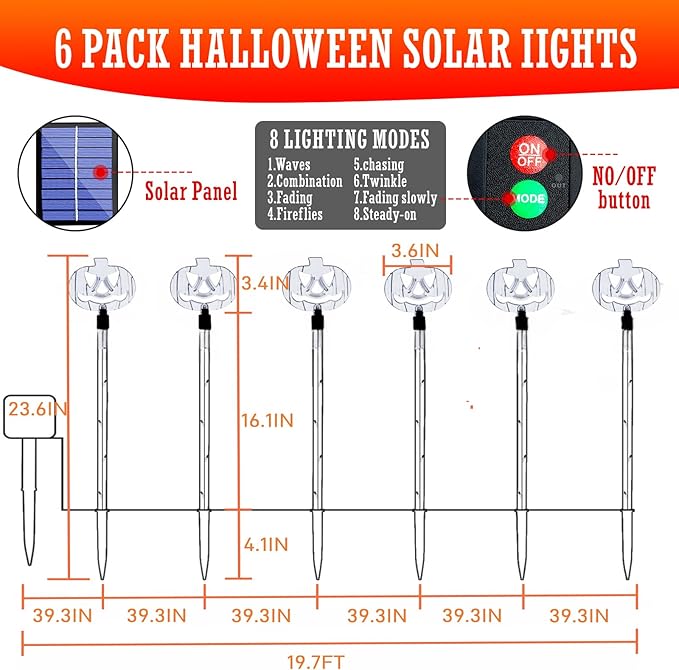 6-Pack Solar Halloween Pumpkin Garden Stake Lights for Halloween Decorations,Solar Halloween Yard Stake Outdoor Waterproof Halloween Lighted Pumpkin Lights for Garden Patio Yard Pathway Grave(6 Pack)