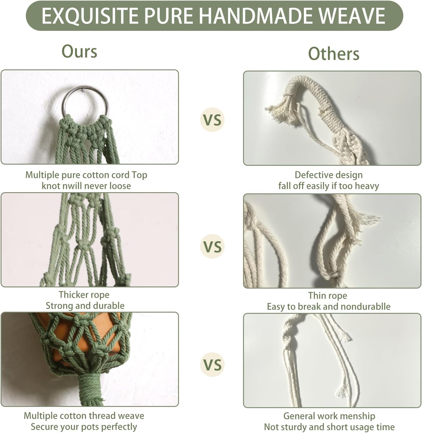 Artilady Macrame Hanging Planter for Indoor Plants, Boho Woven Plant Hanger Large Hanging Flower Pot Holders Outdoor Baskets Storage Green Wall Decor