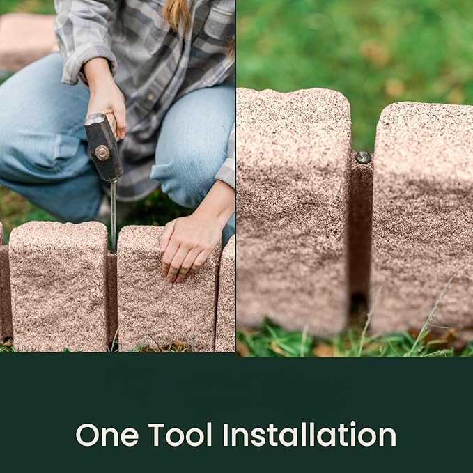 Beuta Landscape Edging | Garden Edging Border | Faux Stone Block XL for Lawn Edging, Flower Beds & Yard Edging – 40 Pack | Each Section Has 6 Blocks 48" L x 4" W x 9.5" H | 120 Spikes | Sandstone