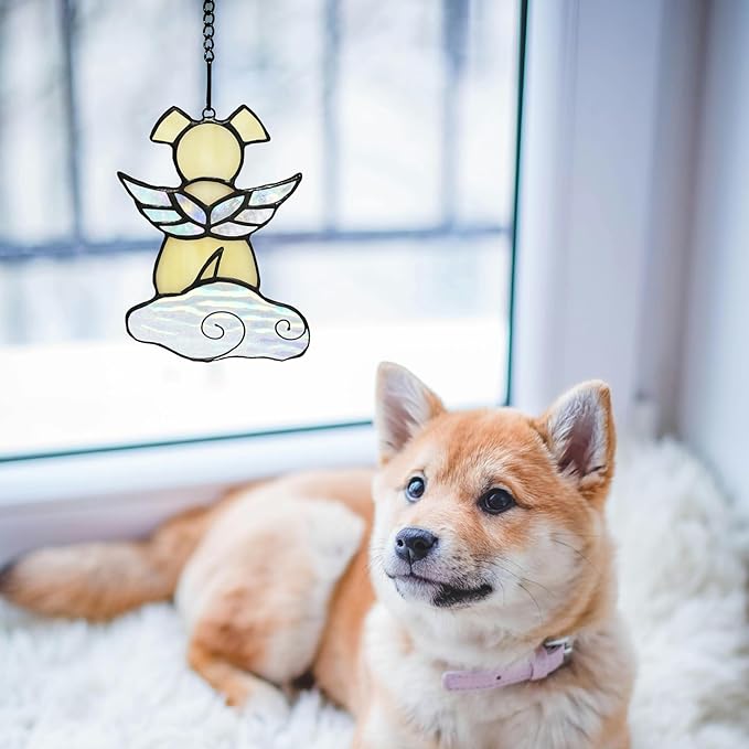Stained Glass Angel Wings Dog Memorial Gifts for Loss of Dog Sympathy Gift Suncatcher, Rainbow Bridge Pet Passing Away Remembrance in Memory, Dog Bereavement Gifts for Loss of Pet,Yellow