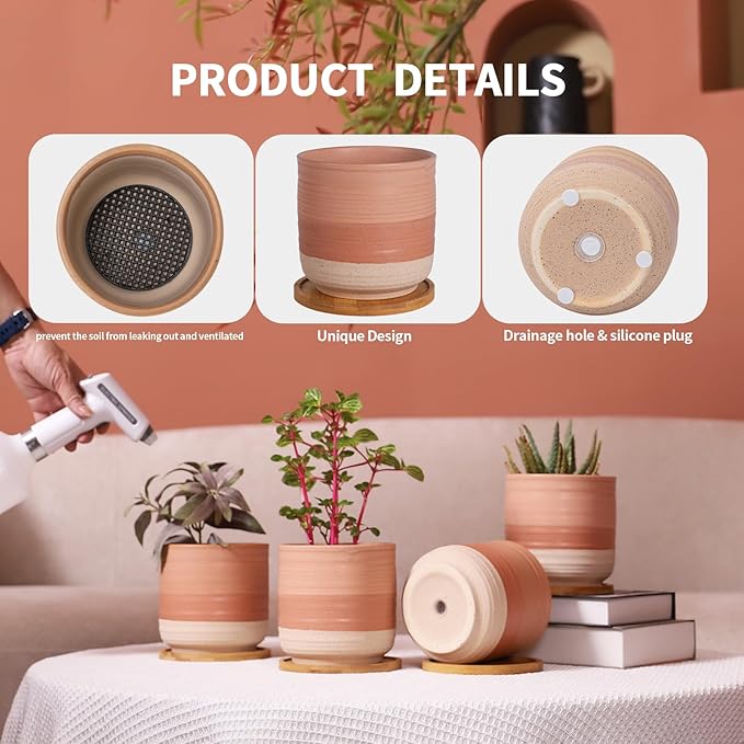 5.25 Inch Ceramic Planter Pot for Indoor Plants with Drainage Holes, Coarse Glazed Gradient Color Flower Planter Pots with Bamboo Saucer, for Succulent, Snake Plants, Cactus & Herbs, Set of 4