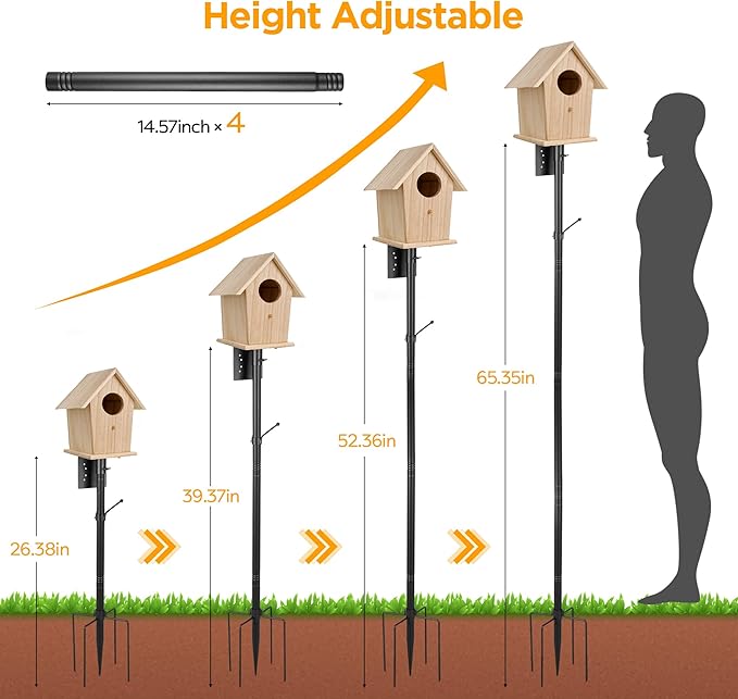 Bird House Pole Kit, Heavy-Duty Adjustable Pole for Outdoors with 5 Prongs Base,Metal Universal Support Pole for Bird Feeders,Solar Pannel,Black