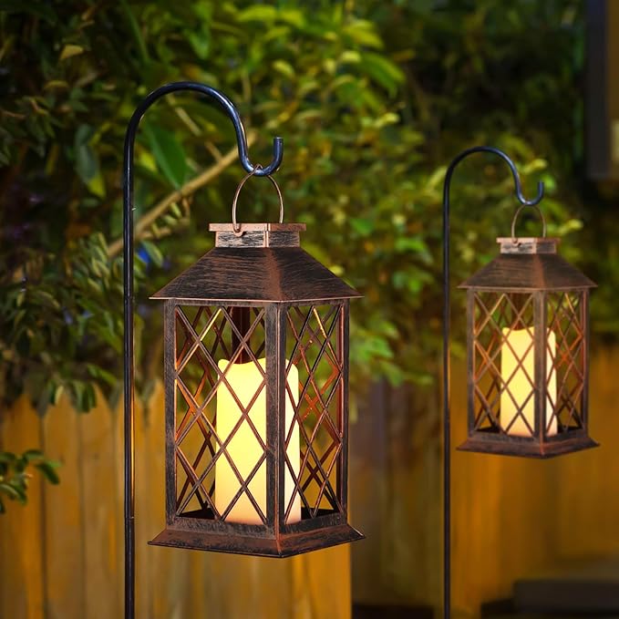 2 Pack Solar Lantern Outdoor Waterproof Garden Decor Hanging Lanterns Birthday Gifts for Women Mom 11" LED Flickering Flameless Candle Christmas Table Lights for Yard, Patio, Porch, Backyard