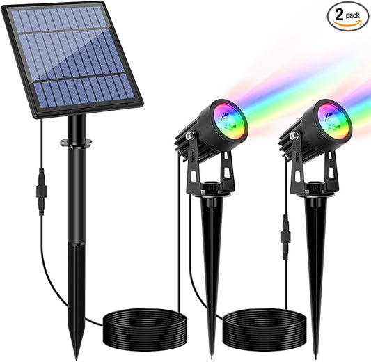 APONUO Metal Solar Spot Lights Outdoor with 9.8ft Cable Solar Powered Landscape Lighting Low Voltage IP65 Waterproof Auto On/Off for Outside Garden Yard Landscape Pathway Garage-Multicolor(2-in-1)
