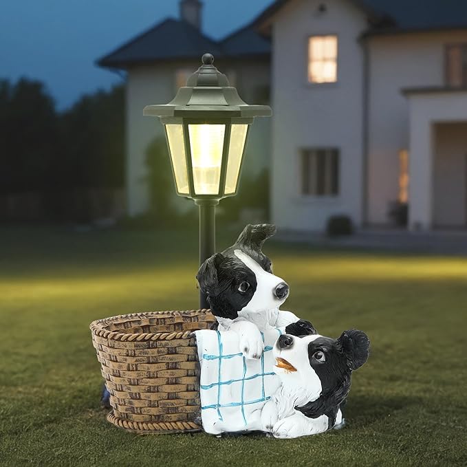 Solar Garden Outdoor Decor Statues Border Collies Resting in Basket with Light,Outside-Outdoor Decorations Sculptures for Patio Yard Lawn Walkway Ornaments Clearance Gifts for Mom Grandma Birthday