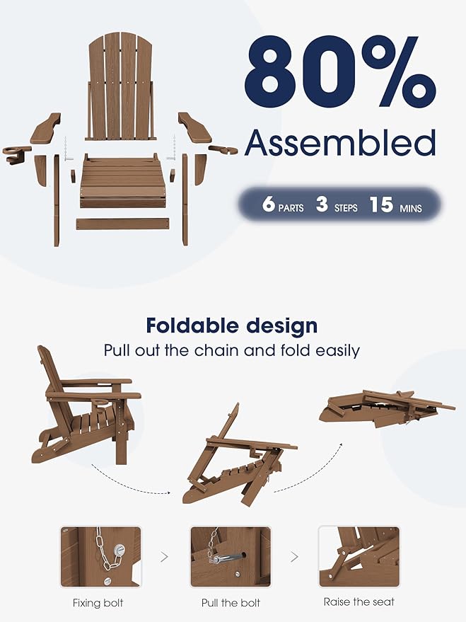 KINGYES Folding Adirondack Chair Set of 4, Dual Cup Holders & All-Weather HDPE, Wood-Like Patio Chair for Backyard, Camping, Pool & Fire Pit, Brown