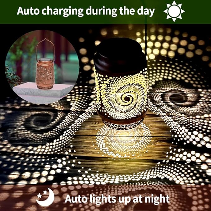 2 Pack Outdoor Hanging Solar Lanterns, LED Waterproof Lights Metal Decoration, Portable Lanterns for Garden Patio Yard Courtyard Backyard, Spiral Birthday Gifts for Women Men Halloween Christmas