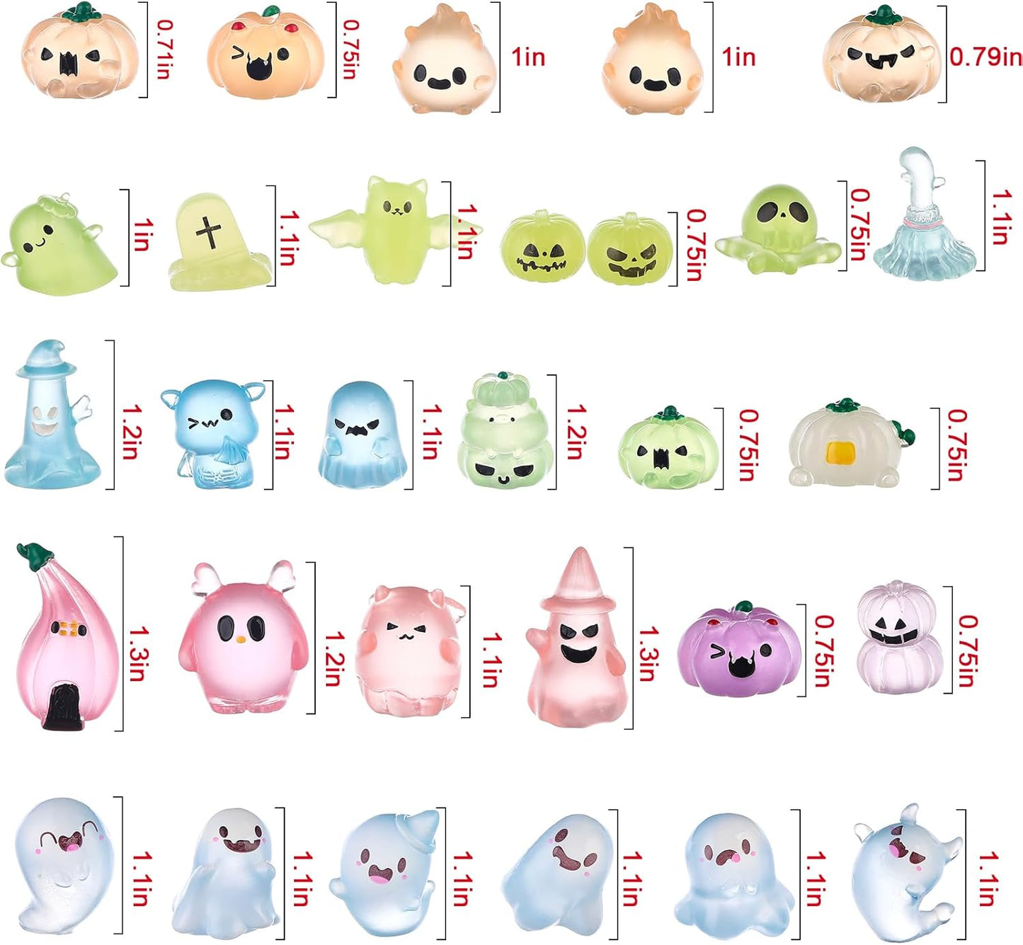 58 Pcs Halloween Luminous Mini Figures Glow in Dark Tiny Resin Figures Set Fairy House Diorama Accessories Halloween Pumpkin Ghost Skull Ornament for Garden Dollhouse Craft DIY(Ghost)