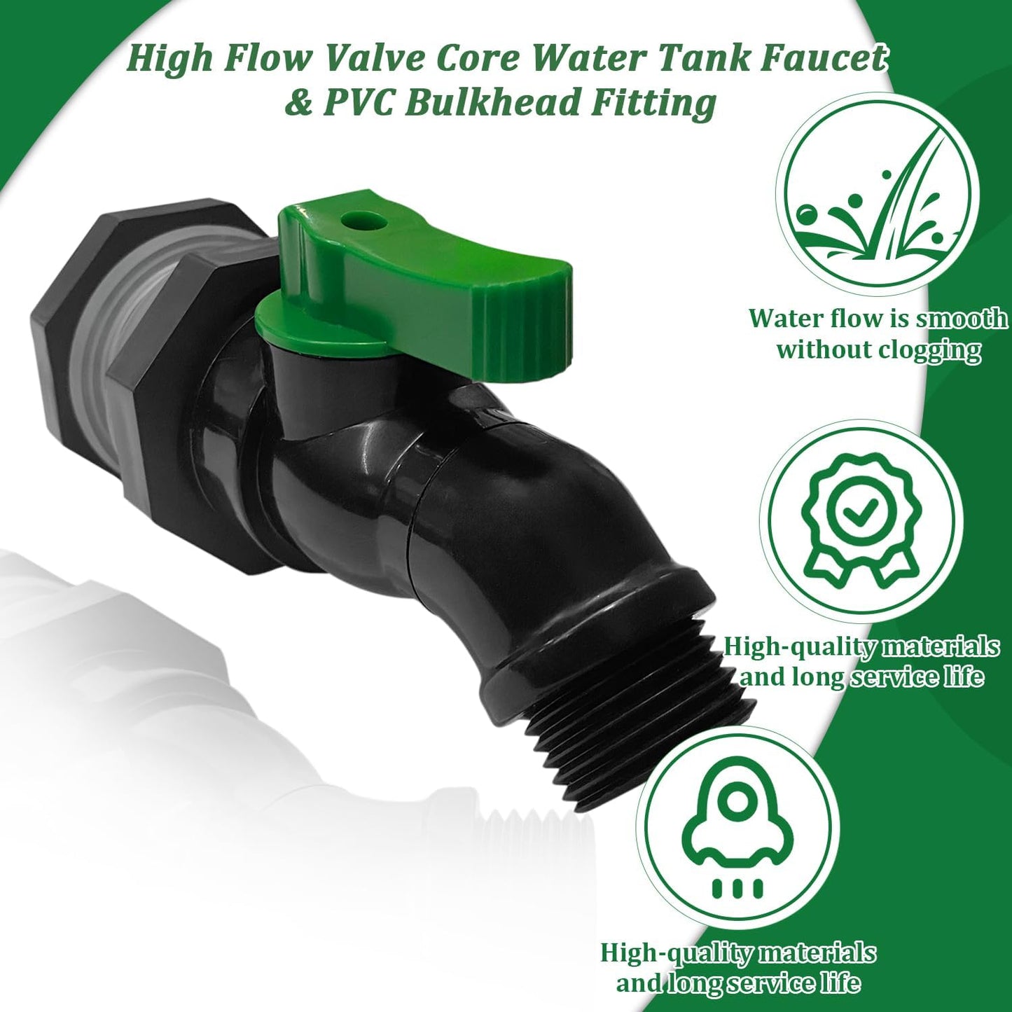 Plastics Rain Barrel Spigot Kit, High Flow Valve Core Water Tank Faucet+PVC Bulkhead Fitting,3/4 NPT to 3/4 GHT Rain Barrel Spigot for Plastic Bucket rainwater Drum Container Downspout Collector in