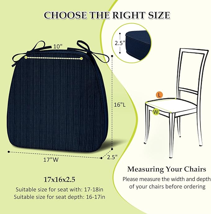 Chair Cushions for Dining Chairs, Indoor Chair Cushions with Ties，Waterproof Chair Pads Set of 6, Navy Blue, 17x16x2.5 Inch