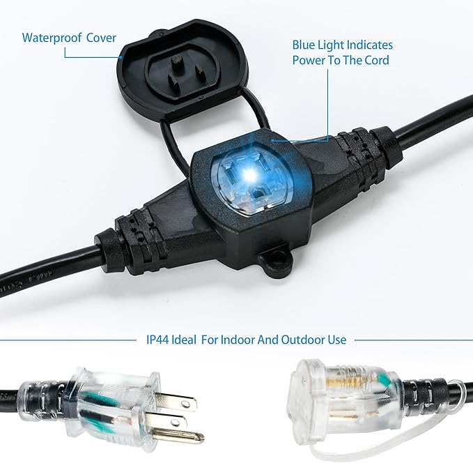50FT 16 Gauge Power Extension Cord,7 Spaced Outlet Cable.Multi Outdoor Evenly-Spaced Plugs,Power Cord Splitter,Ideal for Holiday Decoration and Christmas Light,ETL Listed