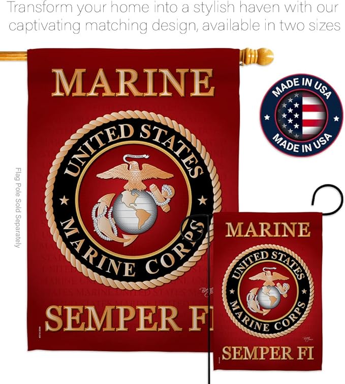Marine Corps Garden Flag - Set Wall Holder Armed Forces USMC Semper Fi United State American Military Veteran Retire Official - House Banner Small Yard Gift Double-Sided Made In USA 13 X 18.5