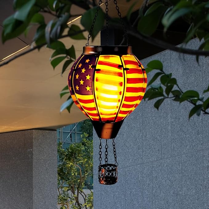 2PCS Flag Solar Hot Air Balloon Lantern with Flame Flickering Light,Glass Hot Air Balloon Solar Lanterns Outdoor Waterproof,Hanging Outdoor Light for Patio Yard Garden Birthday Gifts for Women