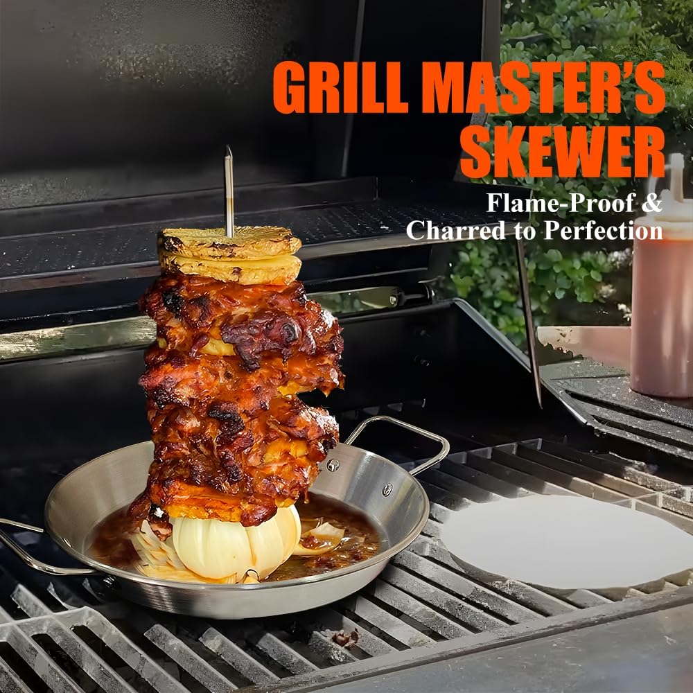 BBQ Vertical Skewer Pan Stainless Steel Gyro Spit Shawarma Stand for oven, Al Pastor Skewer for Grill, El Pastor Hack for Tacos Al Pastor Chicken, Brazilian, with 8",10" stick