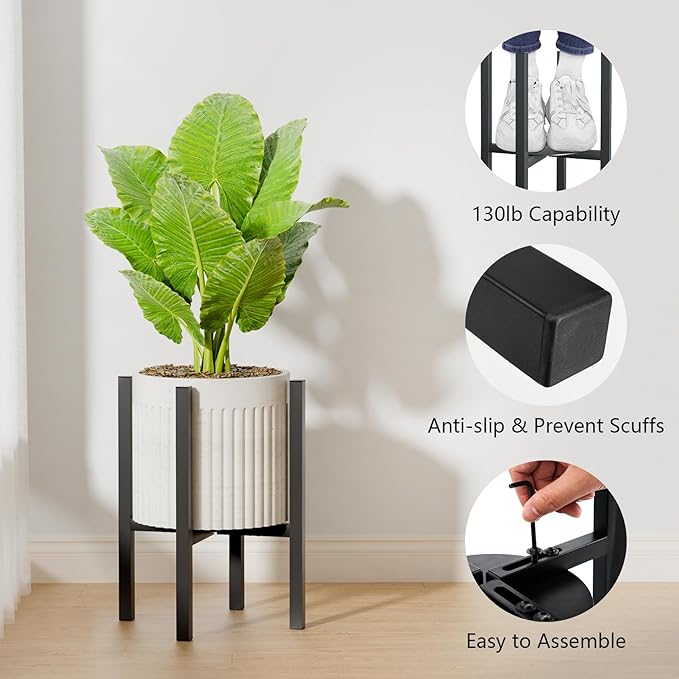 Adjustable Metal Plant Stand Indoor Outdoor - Fits 8 to 12 Inches Pots - Mid Century Modern Planter Stand Single Floor Flower Pot Holder Home Decor for Gardening Gifts