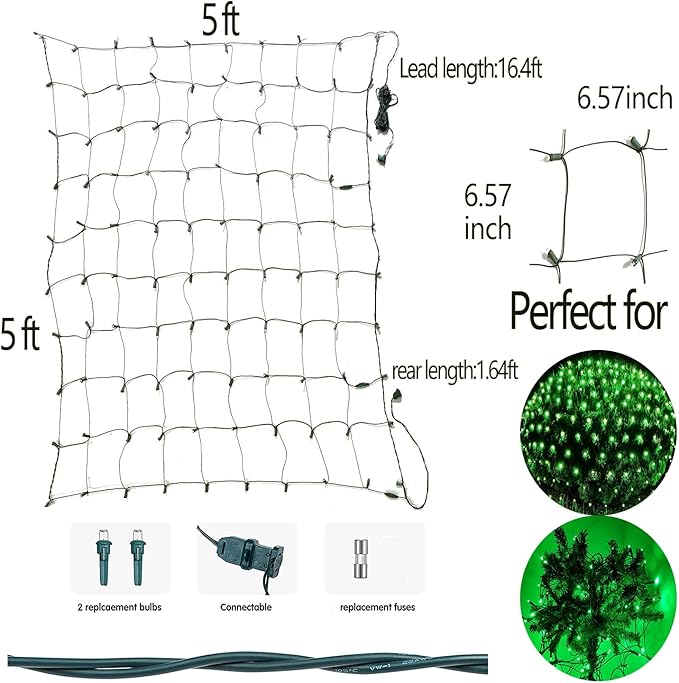 HISHINY Christmas Net Lights Outdoor, 5ftx5ft 100LED Green Wire, Connectable Bush Mesh Net Lights String for Christmas,St Patricks Party,Shrub,Yard,Tree (Green)