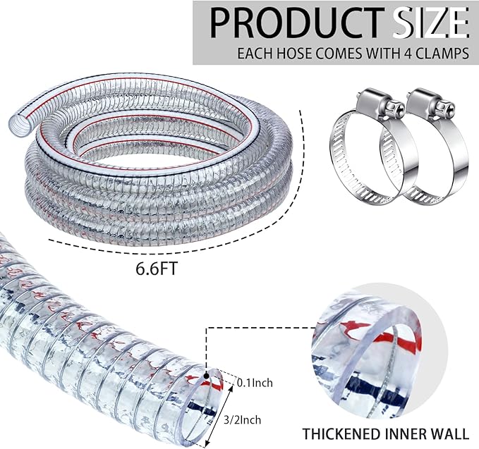 Frienda Heavy Duty Steel Wire Flexible Tubing with Fasteners PVC High Pressure Drain Hose Tube Pond Tubing Clear Wire Reinforced for Pond Bilge Pump Vacuum Suction Hose(6.6 Ft,1.5 Inch Id)