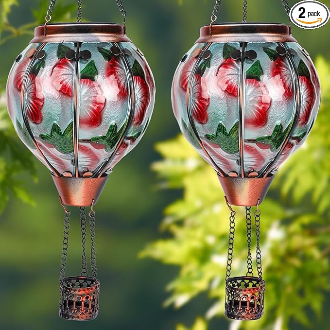 2PCS Solar Hot Air Balloon Flickering Flame Hanging Garden Light with Shepherd's Hooks, Waterproof Glass Outdoor Lantern for Yard Patio, Mother's Day Gift, 18" H Hummingbird & Flower