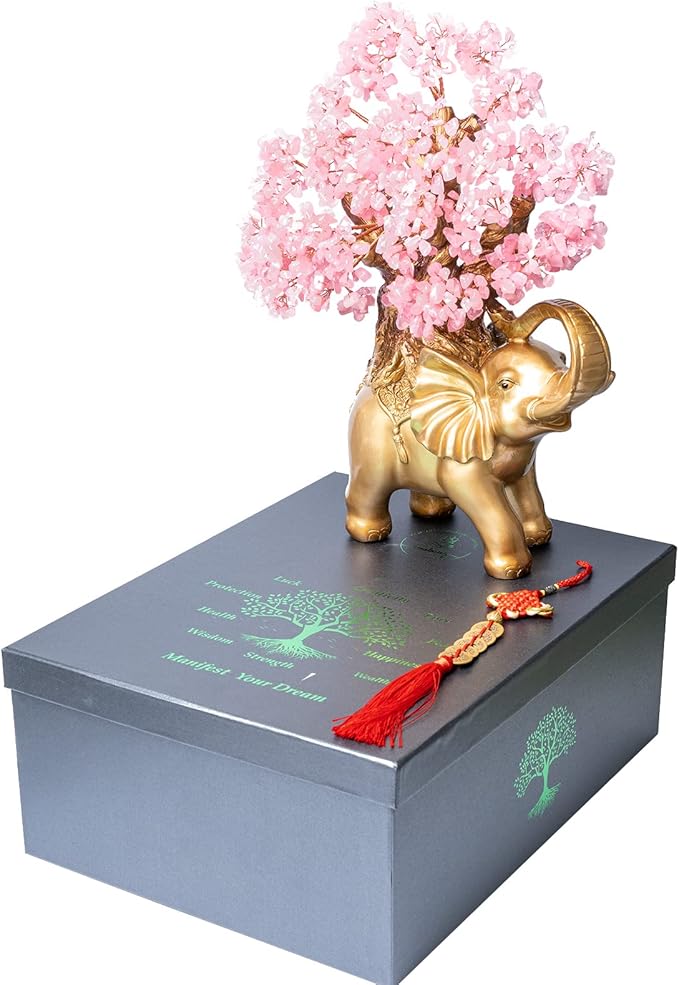 Rose Quartz Crystal Money Tree on Gold Elephant Statue, 17”Large Gemstone Bonsai Tree of Life Home Décor Gifts for Wealth Positive Energy, Feng Shui Décor