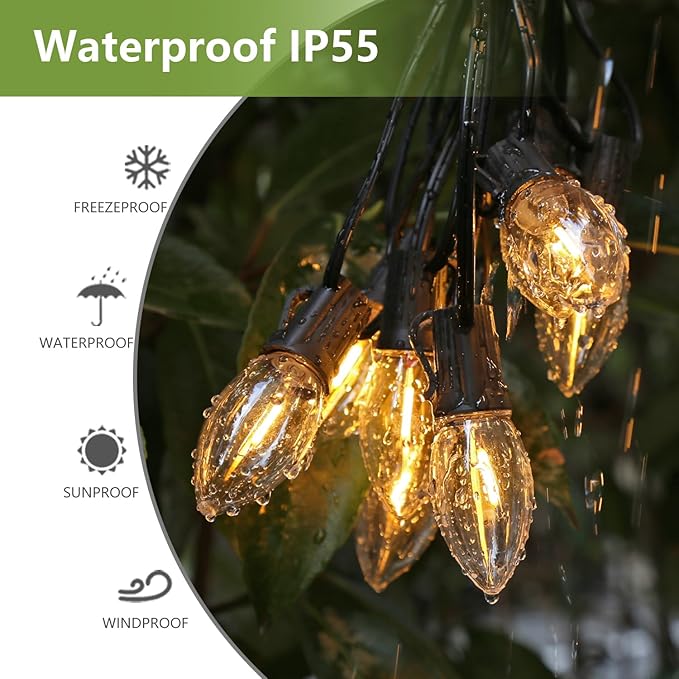 50 Pack C9 LED Replacement Christmas Light Bulbs, Soft White 2700K Waterproof Shatterproof Outdoor String Lights Vintage LED Filament Bulb, E17 Base, Commercial Grade Holiday Decoration Bulbs