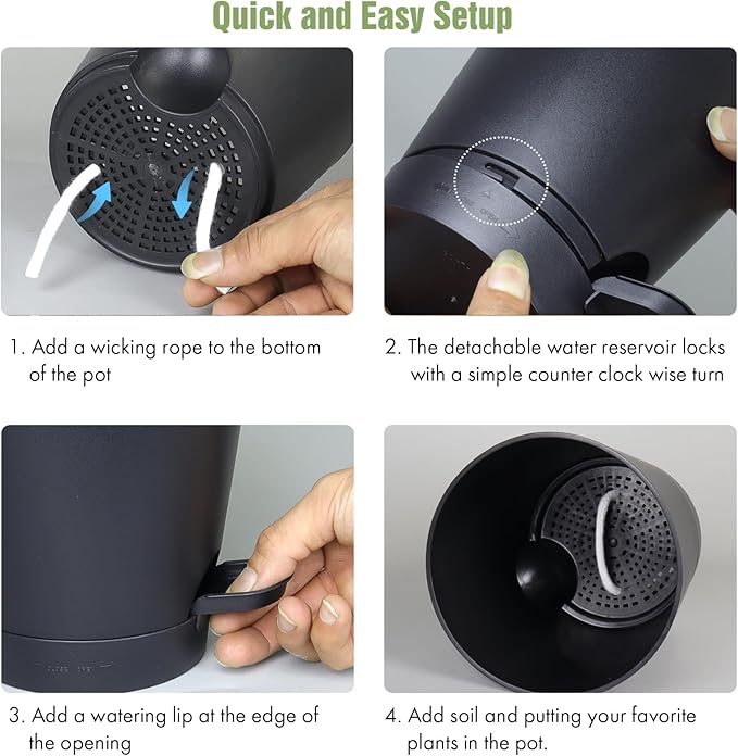 4 inch Self Watering Pots for Indoor Outdoor Plants, 6 Pack Plastic Flower Planters with Drainage Holes and Removable Saucers, Plant Pots with Wicking Rope, Modern Decor, Black