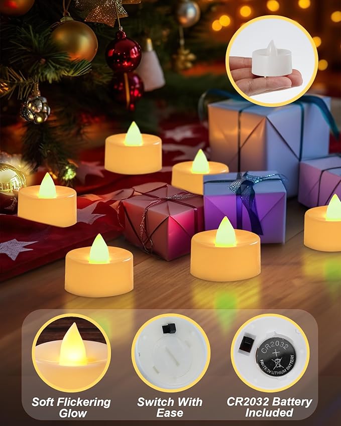 BEICHI Flameless Candles, 24Pack Battery Operated Candles, LED Tea Lights Candles Battery Operated, Flickering Fake Candles for Wedding Halloween Christmas Diwali- Warm Yellow