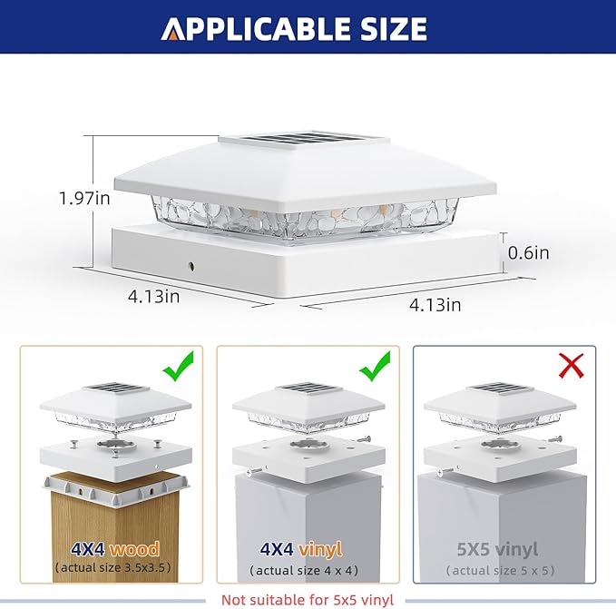 APONUO Solar Post Cap Lights for 4x4 Wood & Vinyl Posts, IP44 Waterproof Cool White LED 4x4 Post Solar Lights, Outdoor Garden Patio Yard Decor, 12 Pack (White)