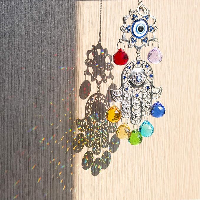 Hamsa Hand with Blue Evil Eye Protection Hanging Crystal Ornament with Chakra Energy Crystal Balls