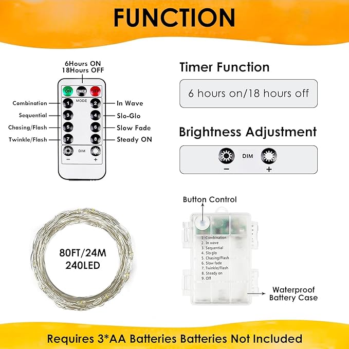 4Pack 80Ft 240LED Fairy Lights Battery Operated with Remote, Waterproof String Lights with Timer for Indoor & Outdoor, Twinkle Lights Battery Powered for Bedroom Christmas Decorations (Warm White)