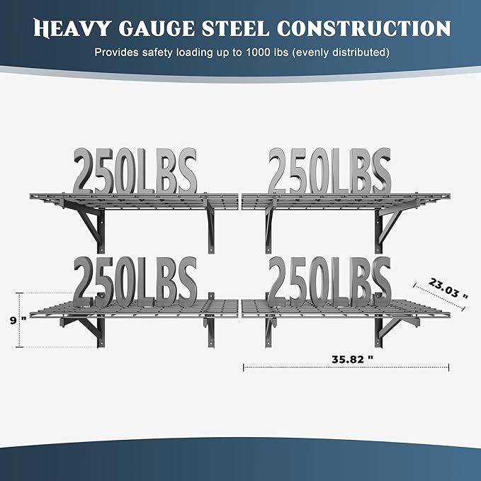 4 Pack Heavy Duty Garage Wall Shelving Set (2x3ft), Wall Mounted Garage Shelves 1000lbs Capacity, 24"x72" Shelf Storage Rack Floating Shelves, Black