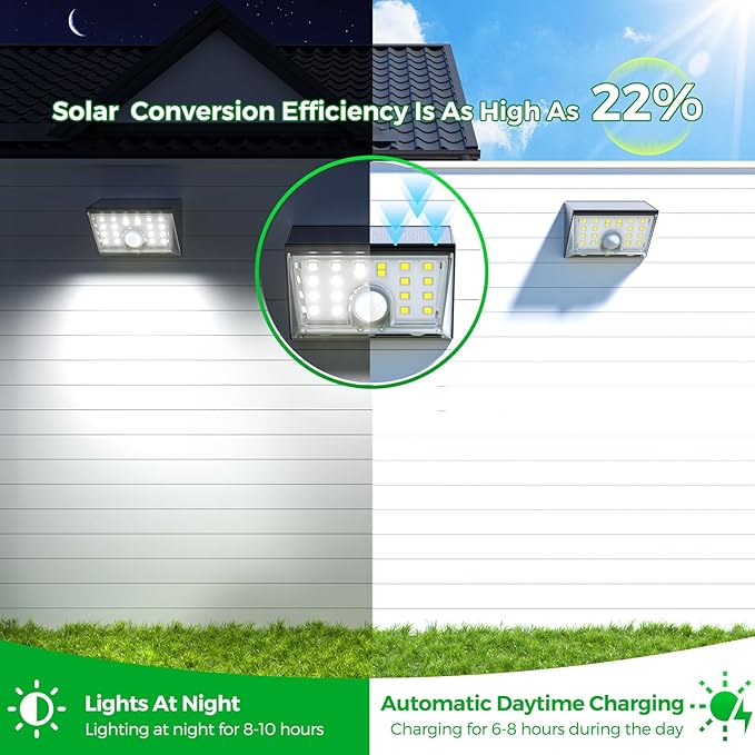 JSOT Solar Motion Sensor Lights Outdoor, 4 Modes Solar Lights Outdoor Waterproof IP65, 6Pack Bright Wall Security Lighting for Outside Yard Front Door Fence - Cool White